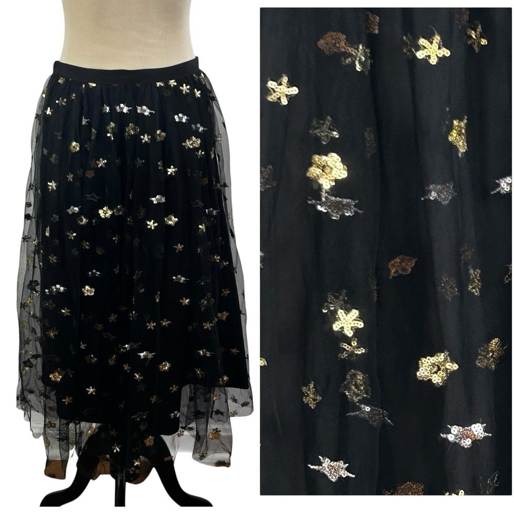 CUPCAKES AND CASHMERE Black SKIRT S Sequin Tutu Stars Whimsigoth Witchy Mesh